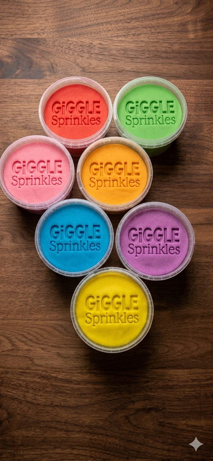 Colourful Giggle Sprinkles playdough tubs with stamped logo